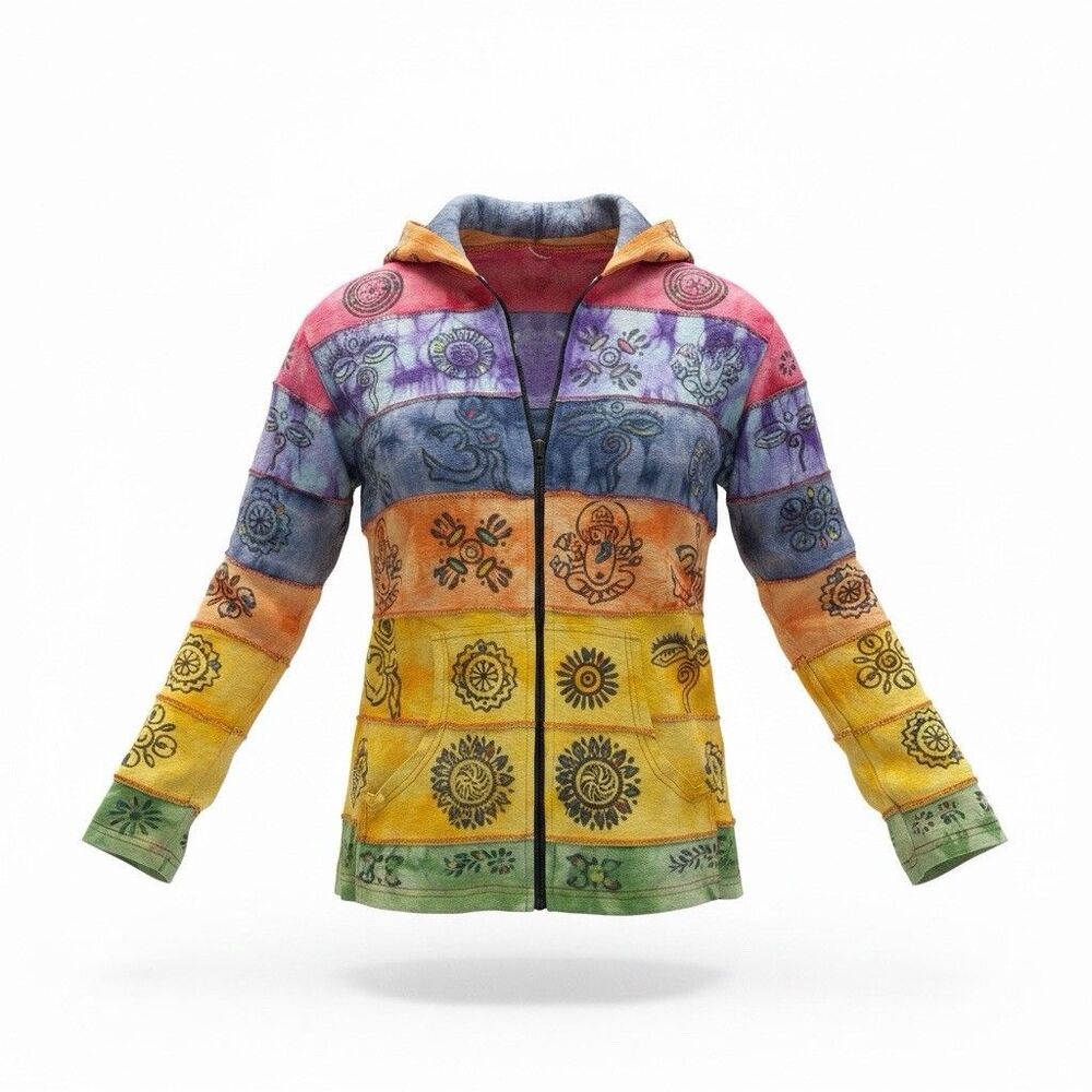 Rising International Women XL Patchwork Hoodie Rainbow Boho Zip Up Tie Dye